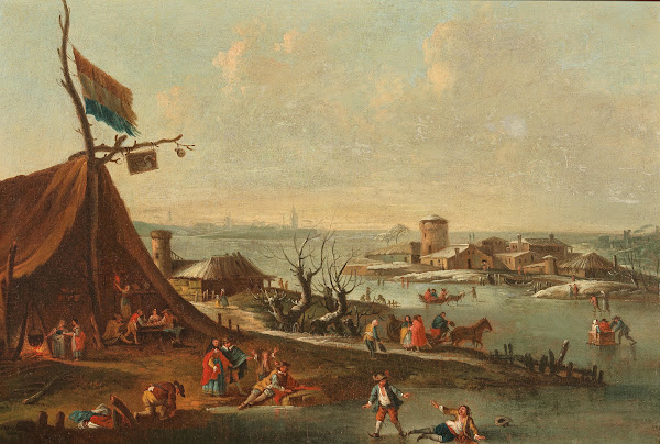 A winter harbour scene with ice skaters