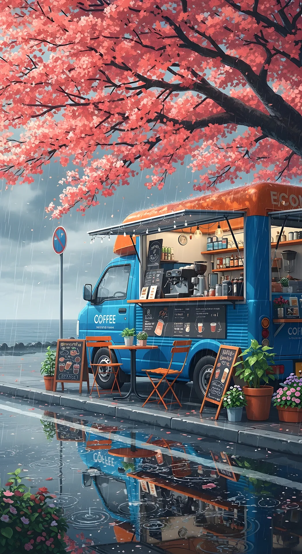 Rainy Day Coffee Food Truck Under Pink Cherry Blossoms Anime - Free 4K mobile Wallpaper