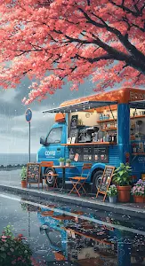 Rainy Day Coffee Food Truck Under Pink Cherry Blossoms Anime