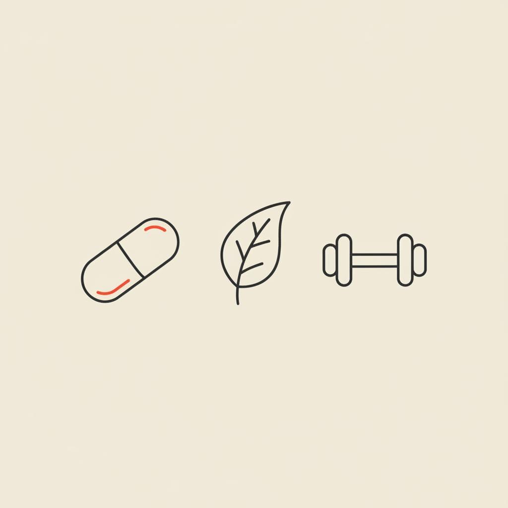 Minimalist vector line illustration of a capsule, leaf, and small dumbbell on beige background representing best metabolism supplements for natural, science-backed weight wellness.
