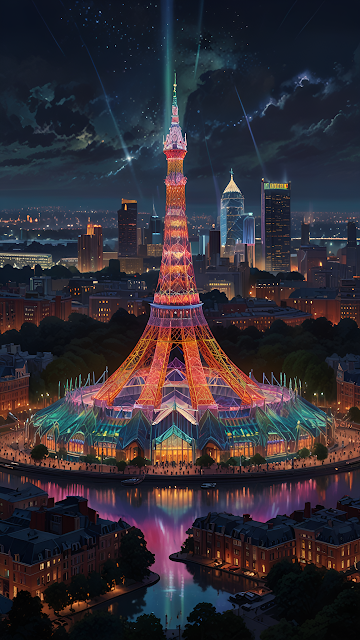 Eiffel Tower glows with neon lights over Paris at night - Free mobile Wallpaper