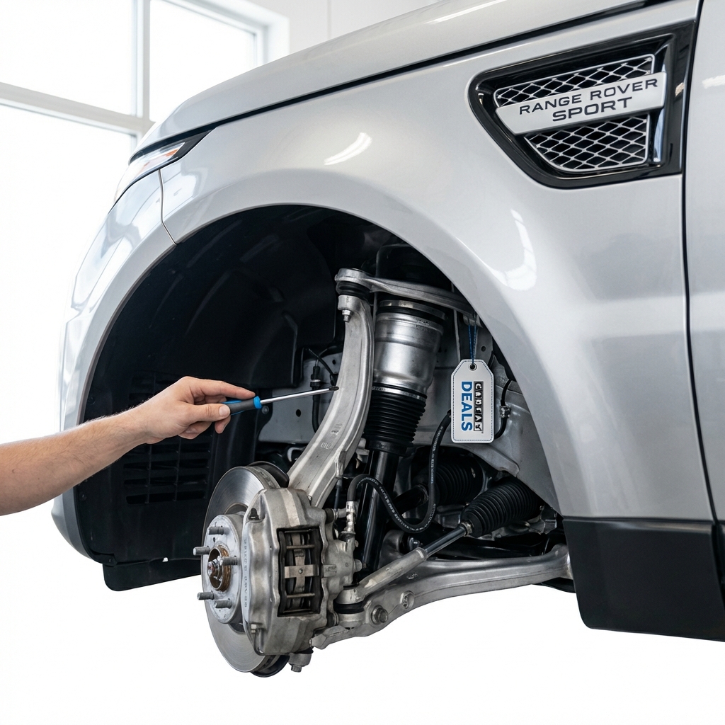 Close up of air suspension components and wheel well on a Range Rover Sport under inspection showing strut control arm brake and wheel detail range rover sport for sale