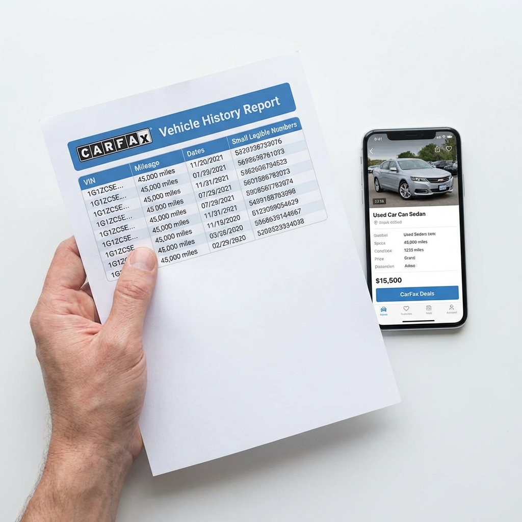 Close up of a hand holding a vehicle history report next to a smartphone showing a used car listing for buyers searching kia car dealer near me on a clean white background