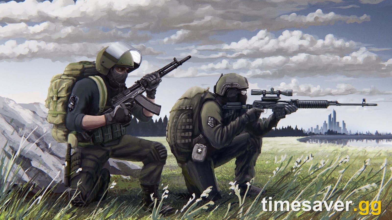 Escape from Tarkov concept art of two heavily-loaded BEAR PMCs kneeling in a field with large backpacks — carrying overweight is how you train the Strength skill