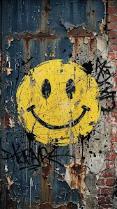 Grungy Yellow Smiley Face Graffiti on Distressed Urban Wall