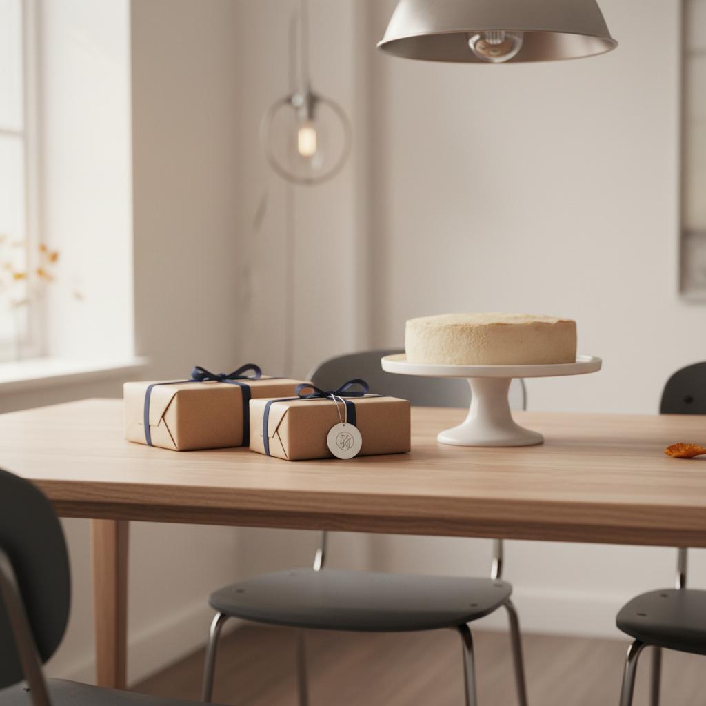 Detailaufnahme eines Esstisches mit liebevoll verpackten Geschenken, Vanillekuchen und graviertem Metallanhänger in warmem Licht – ideen hochzeitstag, minimalistisch, industrielle Holz‑ und Metalldetails.