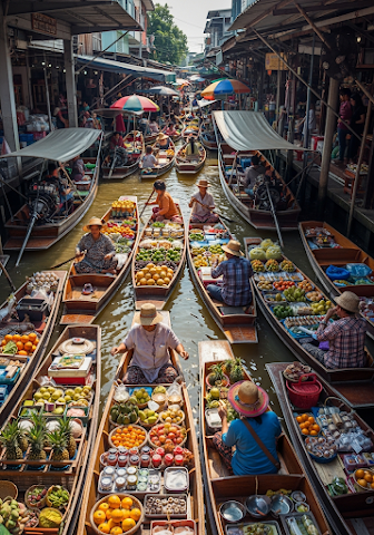Traditional Thai Floating Market Boats