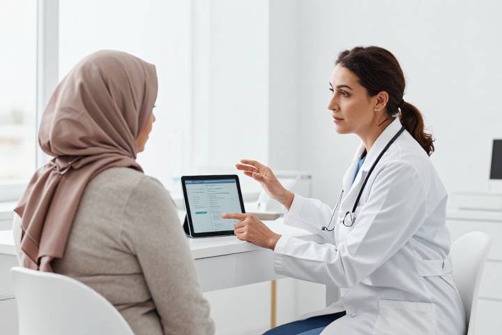 طبيب عربي يطمئن مريضًا عربيًا في عيادة حديثة، بينما يشرح له شيئًا على شاشة كمبيوتر، في إشارة إلى المعلومات الدقيقة والرعاية الطبية.
