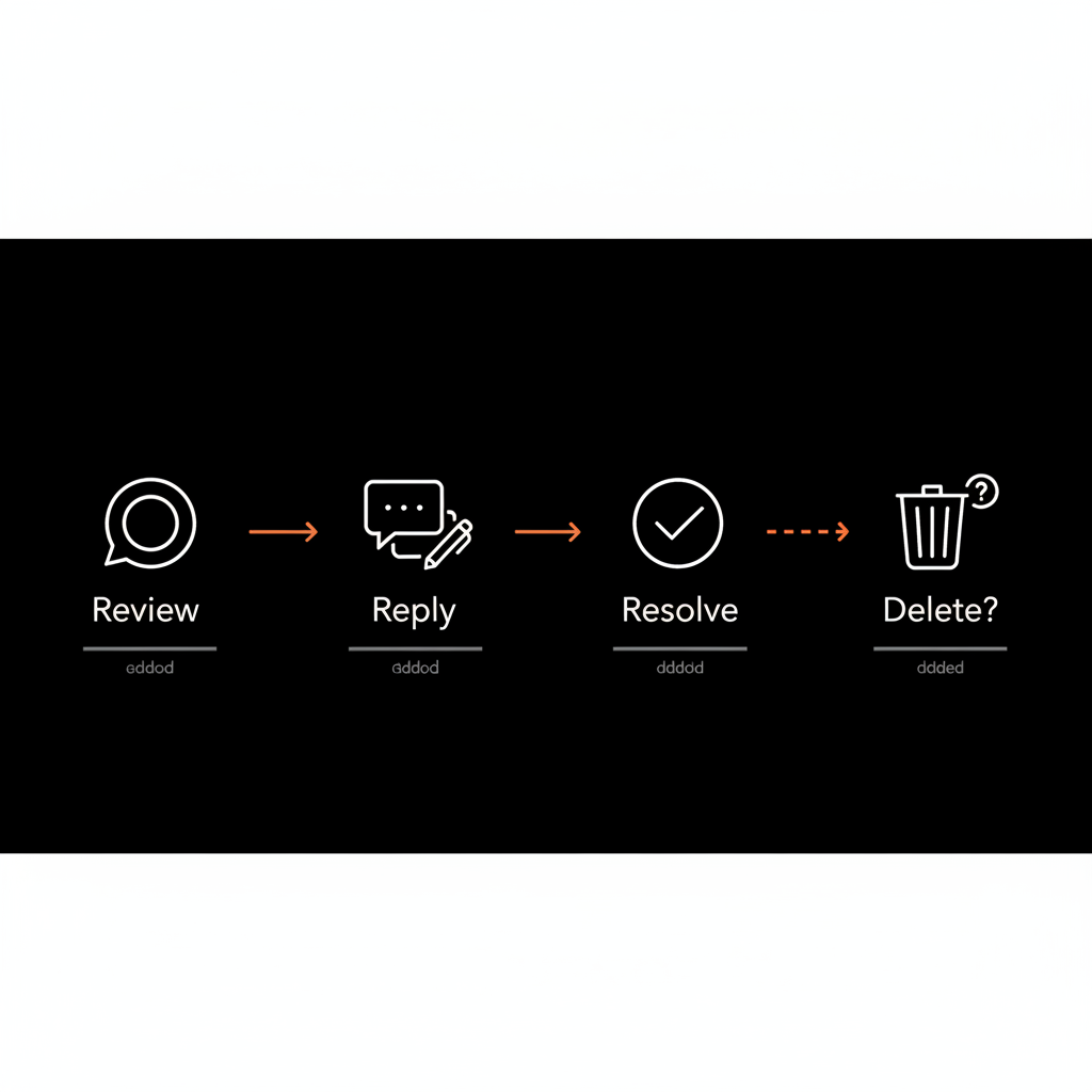 Minimal flowchart infographic showing steps to delete a Google review: review → reply → resolve → possible deletion on a black background with brand colors.