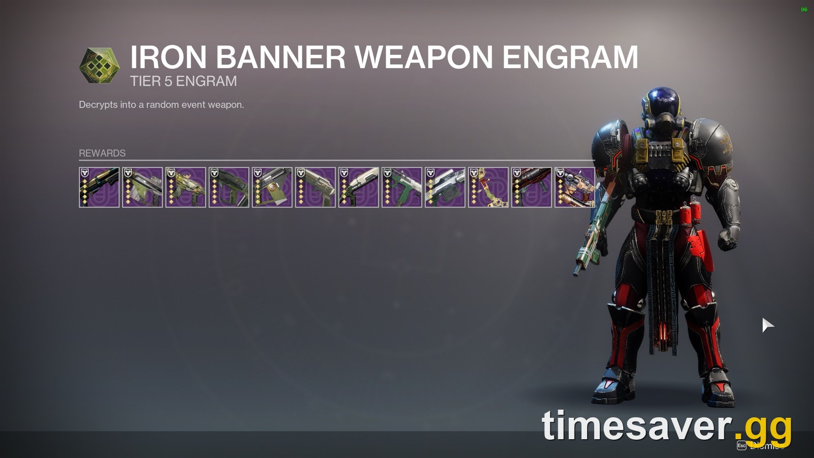Tier 5 Iron Banner Weapon Engram preview listing every event weapon it can decrypt into