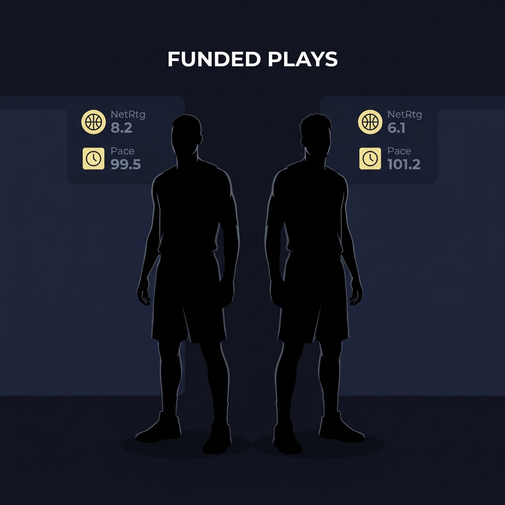 Minimalist side by side silhouettes of a Celtics and a Bucks player with NetRtg and Pace icons on a Funded Plays dark background for bucks celtics prediction