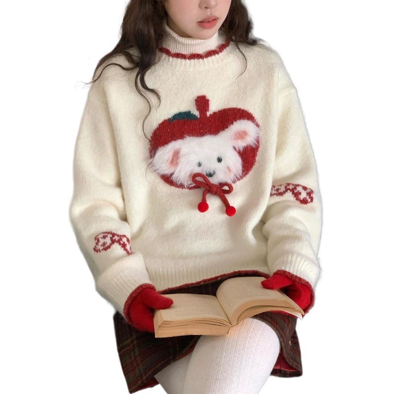 Fluffy knitted sweater in contrasting colors