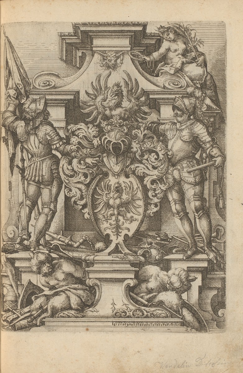Coat of arms on a pedestal flanked by two soldiers and the personification of Vi