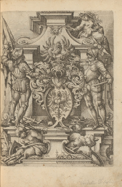 Coat of arms on a pedestal flanked by two soldiers and the personification of Vi
