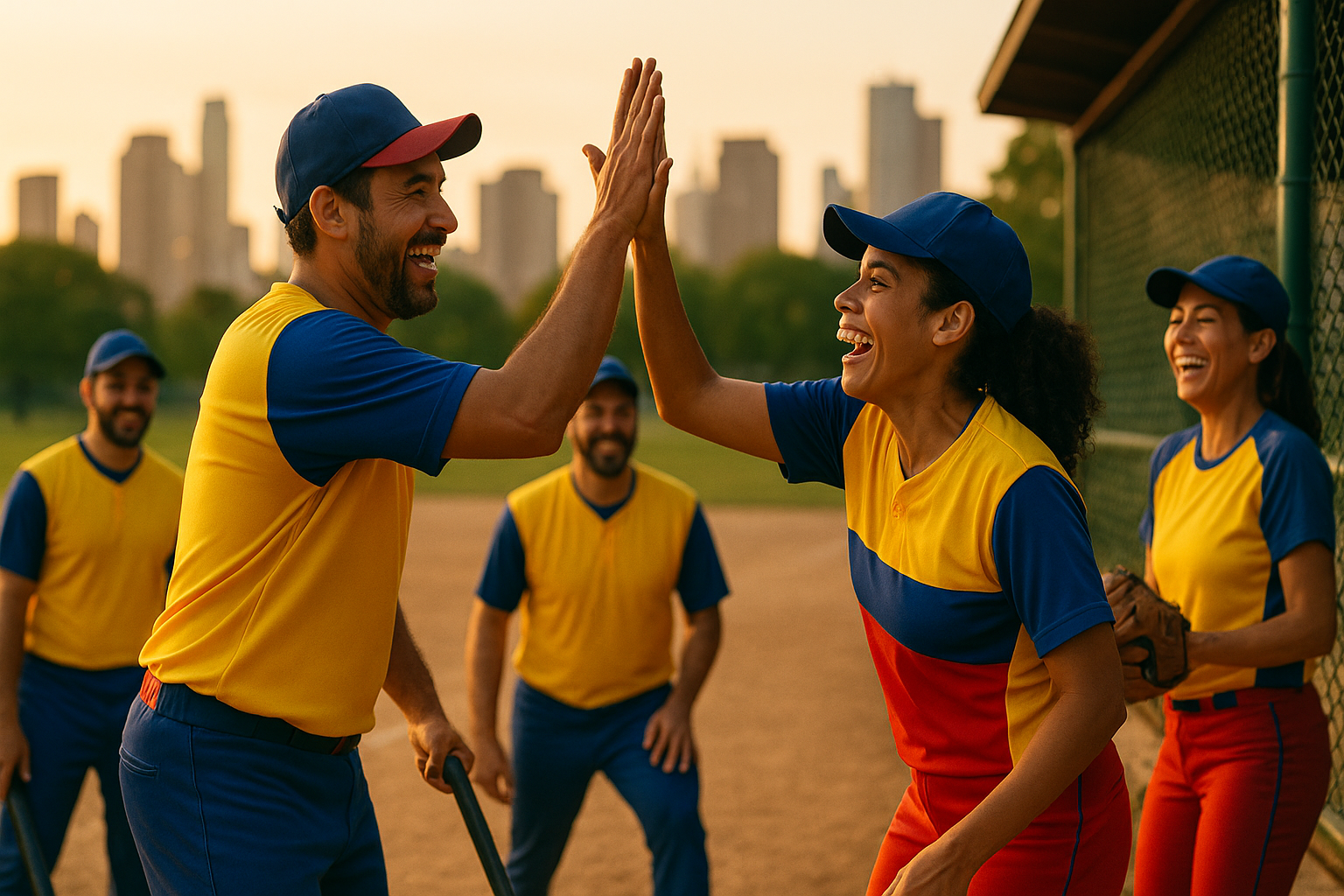 Venezolanos jugando softbol en un parque urbano al atardecer, celebrando en comunidad