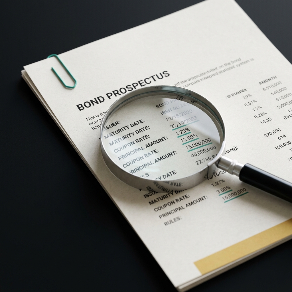 Close up printed bond prospectus with magnifying glass on dark desk minimal layout green accents showing financial details how to invest in bonds for beginners