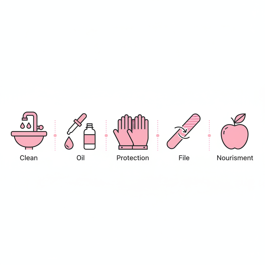 Minimalistische 2D-Vektor-Infografik mit fünf Icons (Reinigen, Öl, Handschuhe, Feile, Ernährung) in NailX-Farben auf weißem Hintergrund — brüchige Fingernägel Hausmittel