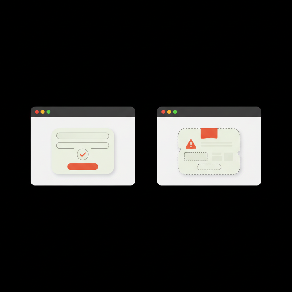 Minimal vector infographic: two side-by-side browser windows — official subscription screen vs suspicious third-party offer. can anyone buy a blue check on Twitter