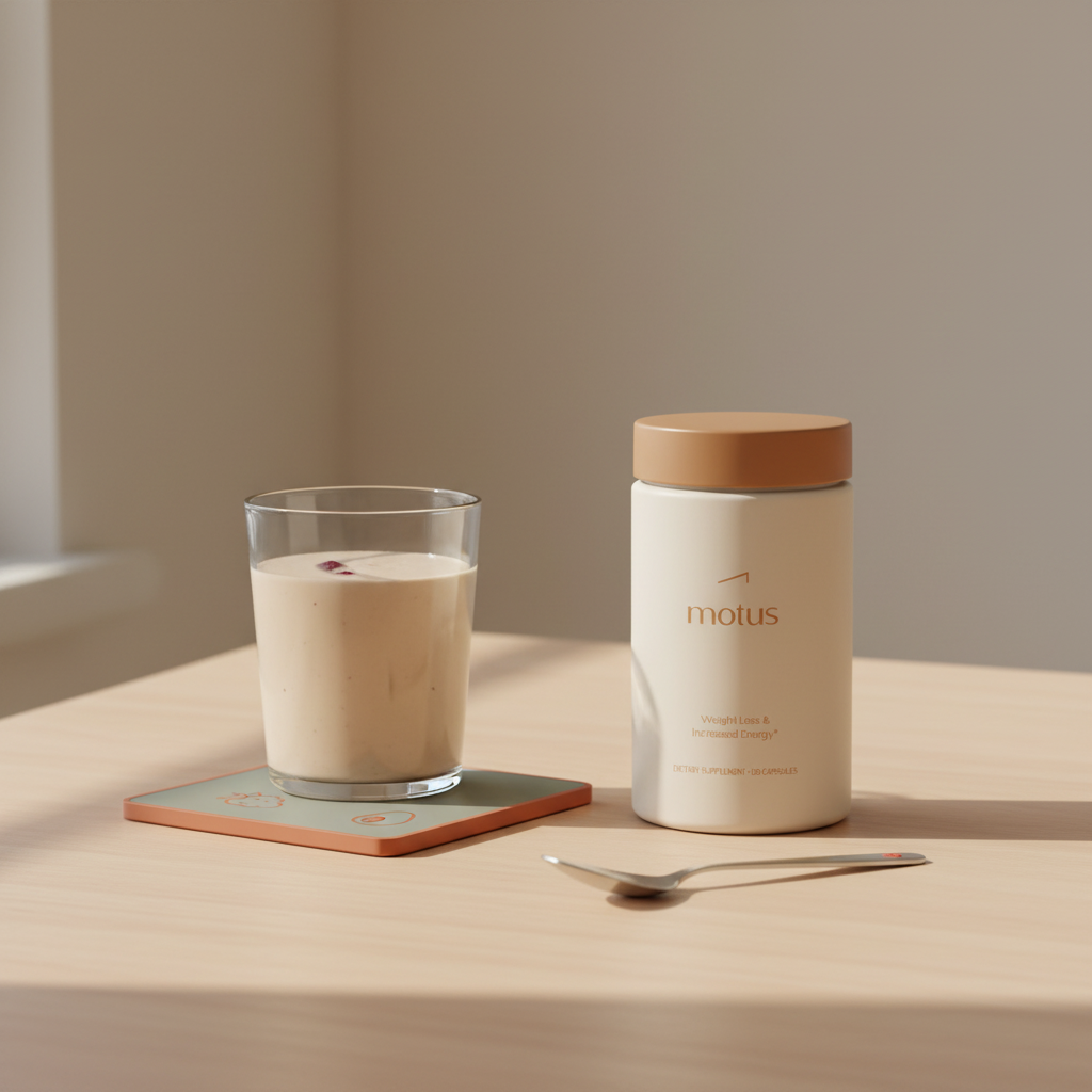 Tonum Motus jar beside a prepared meal-replacement shake and Tonum icons on a coaster, illustrating Are meal replacement drinks good for losing weight?