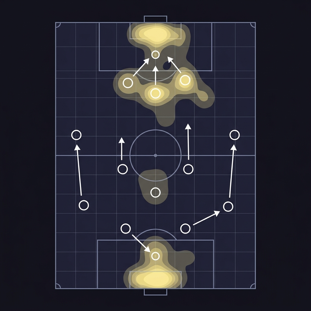 Minimalist 2D vector top down football pitch with xG heatmap overlay and simplified tactical icons highlighting shot probability analytics for athletic bilbao prediction