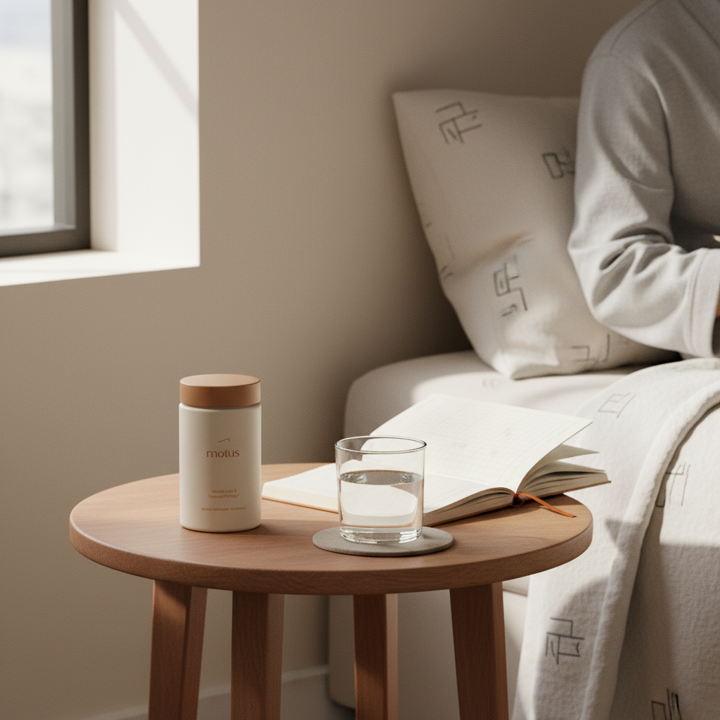 Motus supplement bottle on a minimalist bedside table with a journal and glass of water in a calm morning routine — How often should I get B12 shots for weight loss?