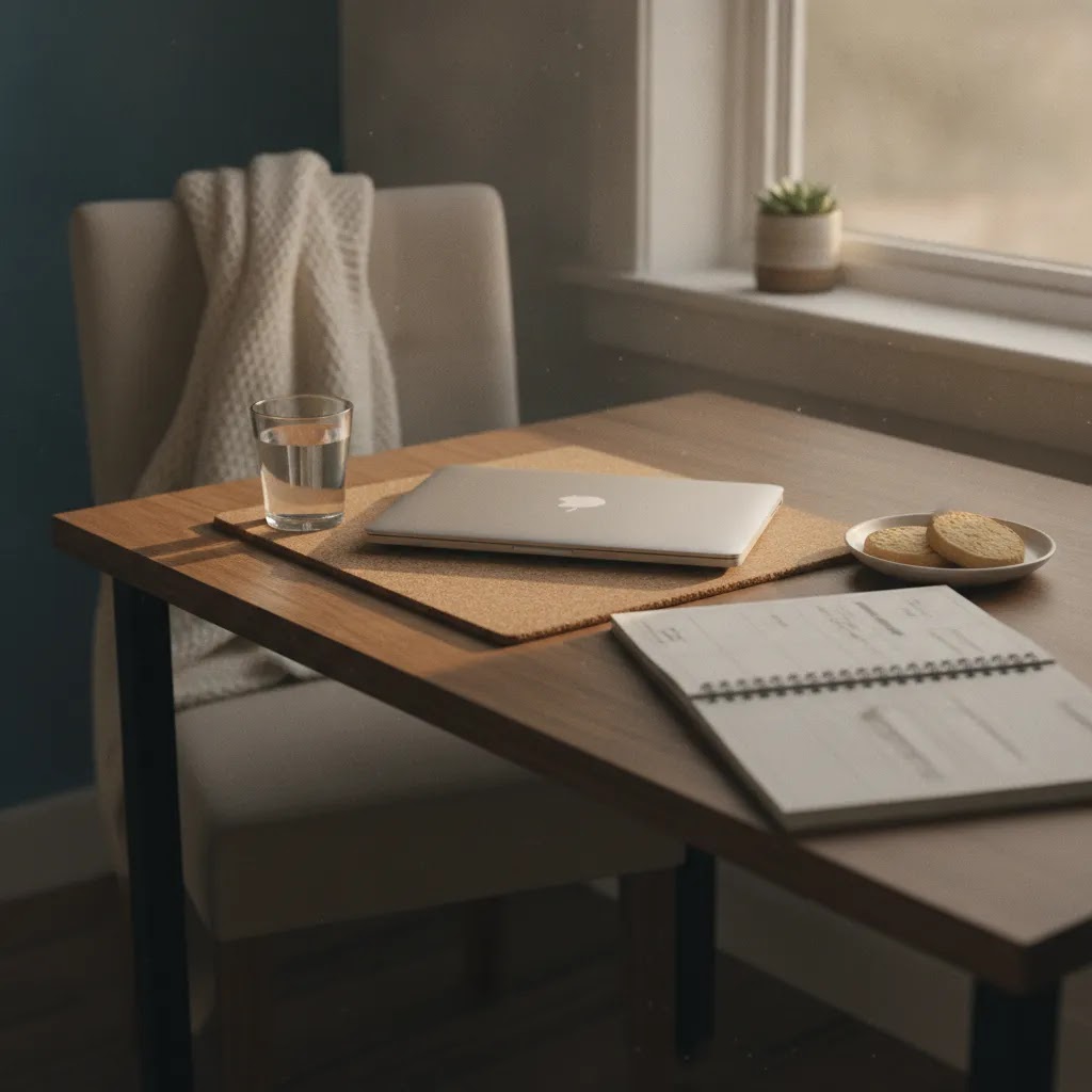 Self-care basics for burnout recovery shown through a calm desk and simple daily supports