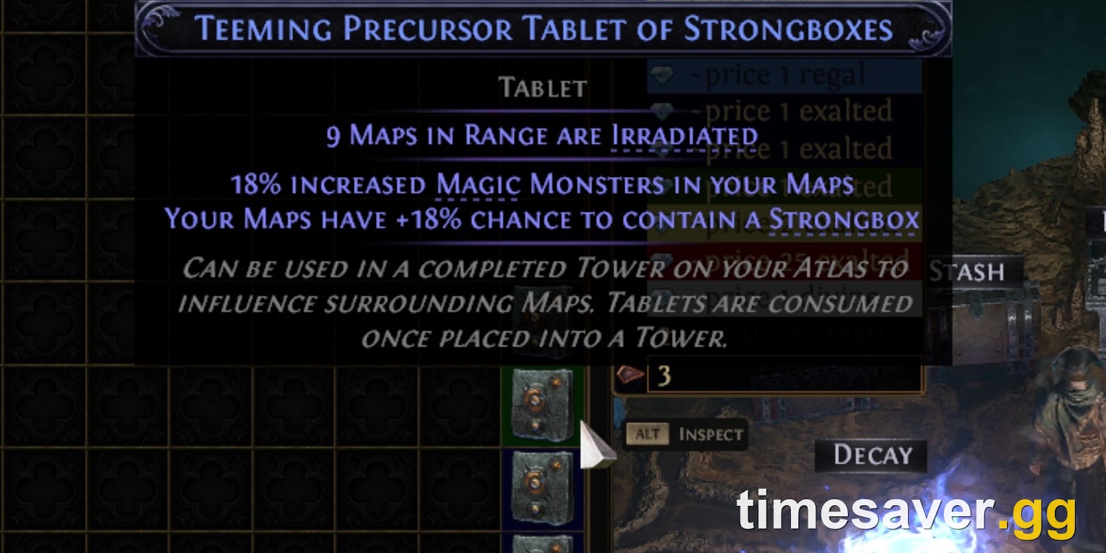 PoE2 Precursor Tablet showing map modifiers, placed in a Tower to influence surrounding maps
