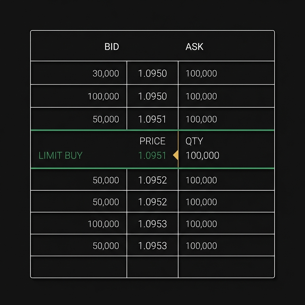 Minimalist line drawing of a trading screen with bid and ask columns and a highlighted limit order entry to illustrate basic of shares