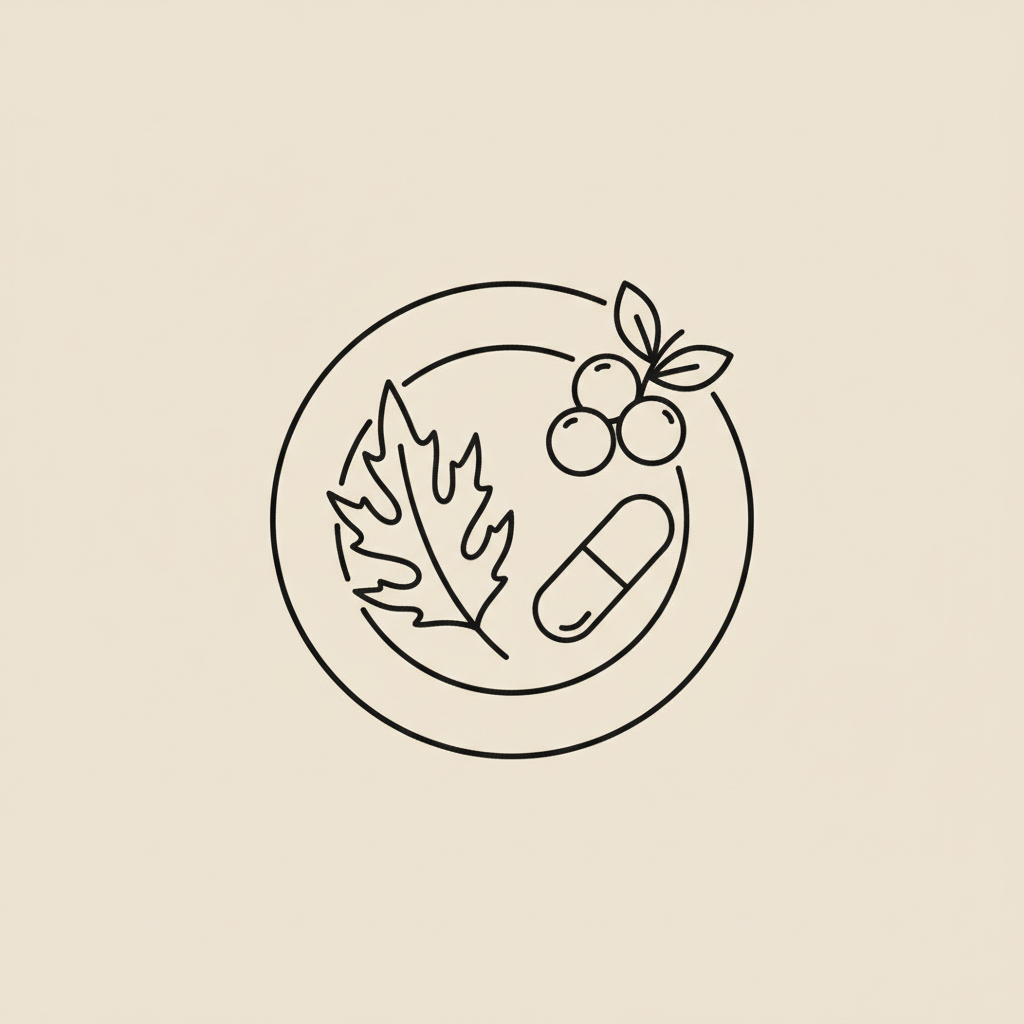 Minimalist vector line illustration of a plate with a capsule, milk thistle leaf and berry cluster on a beige background for Metabolic Meals