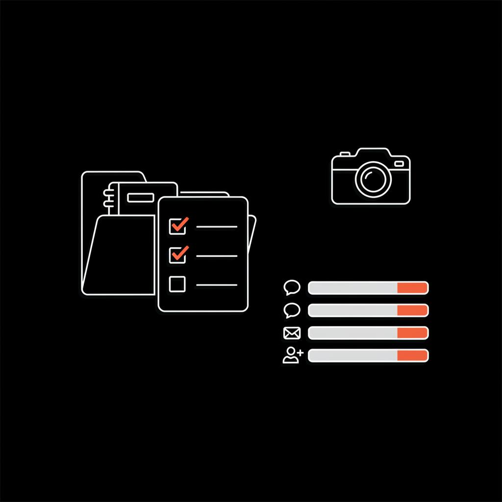 Minimal vector infographic of a content idea folder, checklist, stacked notebooks, camera icon and three metric bars (comments, DMs, signups) to add a new page in Wikipedia