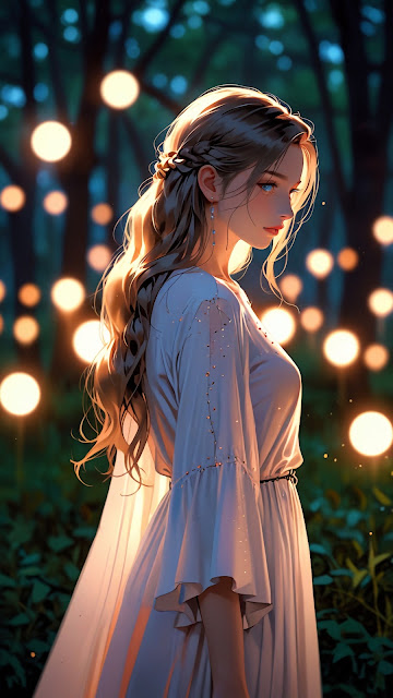 Magical Forest Anime Girl: Ethereal White Dress Bokeh Lights - Free mobile Wallpaper
