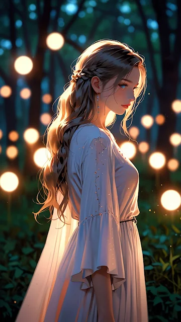 Magical Forest Anime Girl: Ethereal White Dress Bokeh Lights