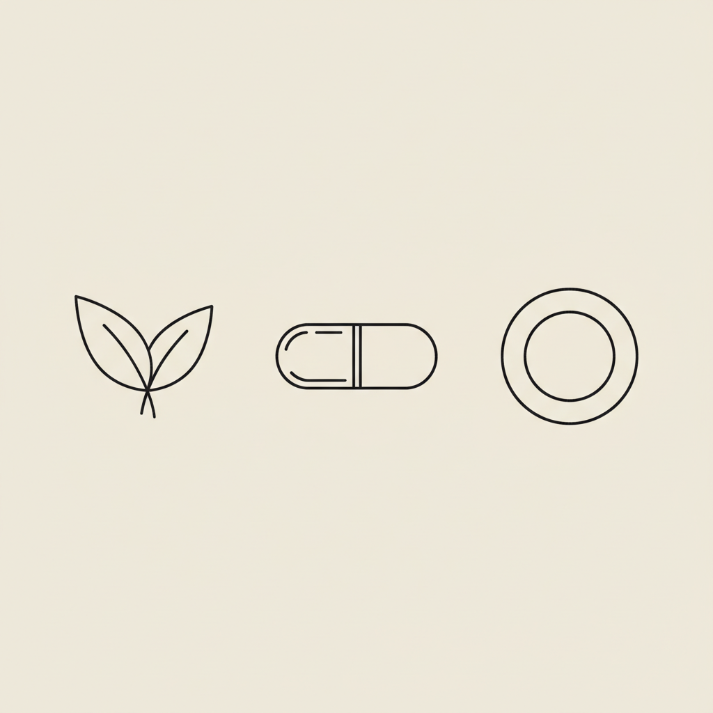 Minimal vector line illustration of tea leaf, capsule, and plate on beige background representing green tea extract weight loss timeline
