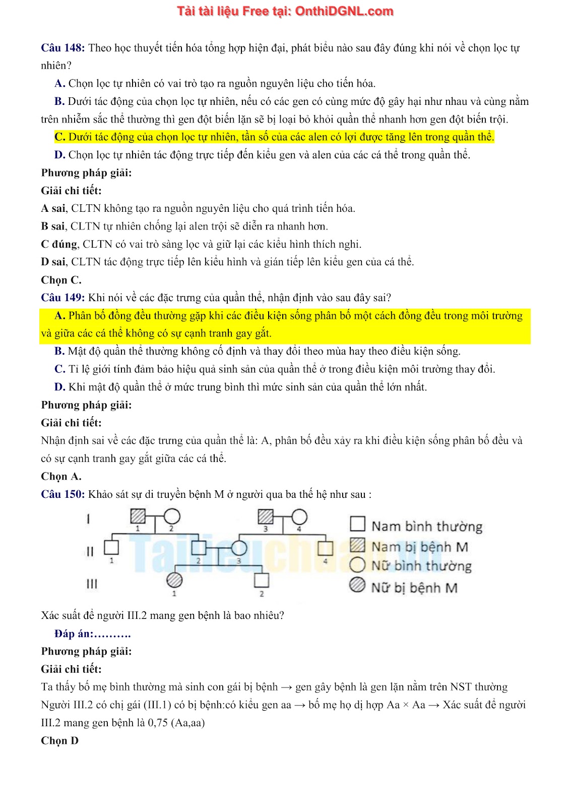 150 bài tập môn Sinh học - Ôn thi ĐGNL ĐHQG HN Phần 4