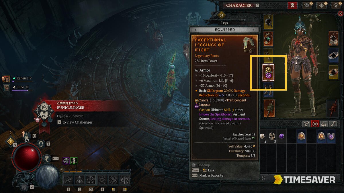 Diablo 4 character screen showing a socketed Runeword tooltip marked 'Vessel of Hatred Item' with mercenaries Raheir and Subo on the left