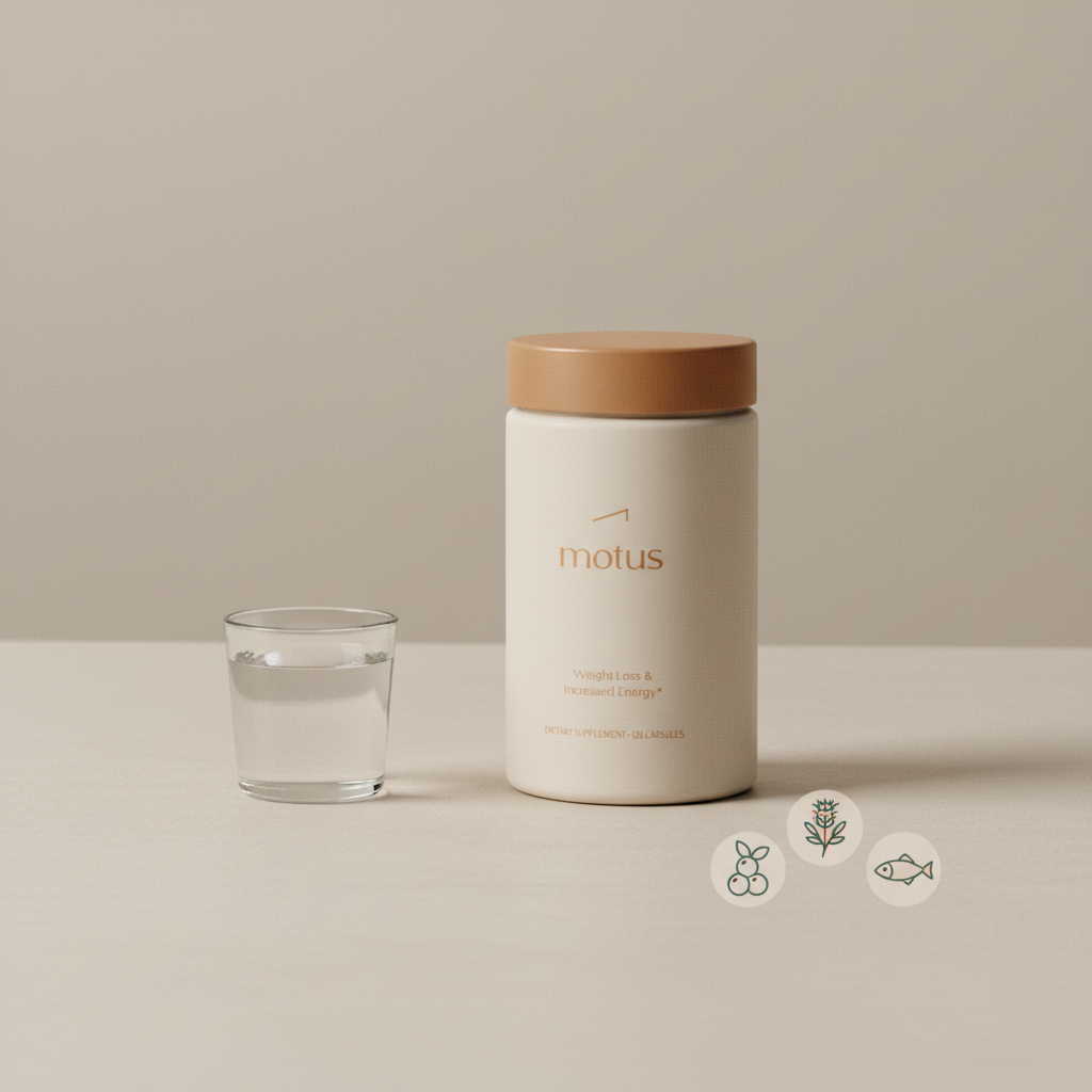 Motus supplement jar on neutral tabletop with berries, milk thistle and fish icons in a minimalist Tonum-style layout, clean nutritional product photo — best meal replacement powder