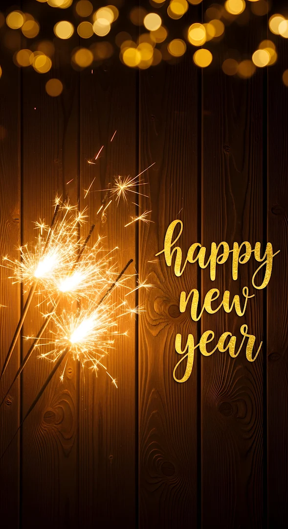 Happy New Year Sparklers on Dark Wood Texture