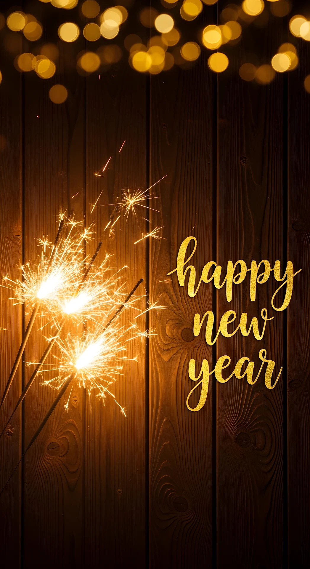Happy New Year Sparklers on Dark Wood Texture - Free 4K mobile Wallpaper