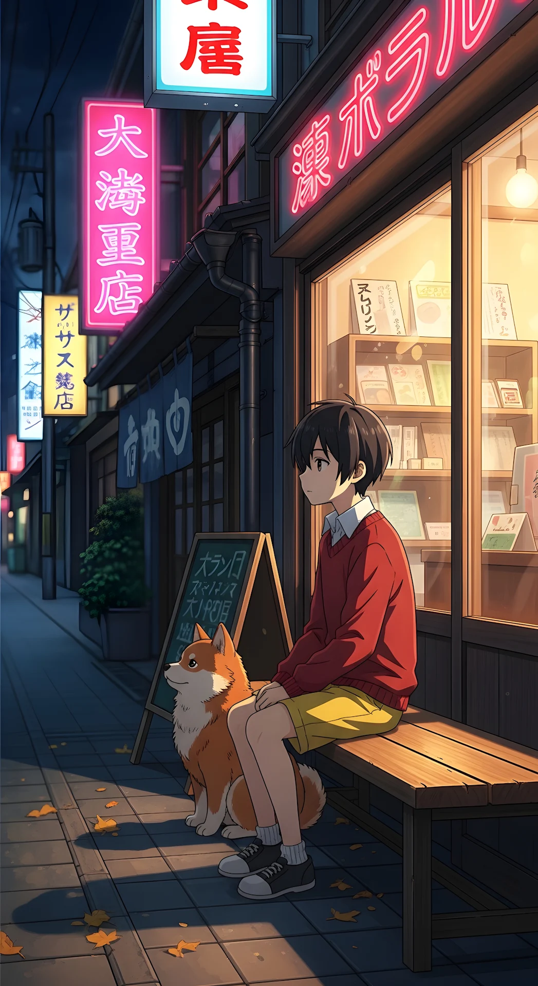 Anime Boy Dog Japanese Street Night Neon Signs Cozy Vibe - Free 4K mobile Wallpaper