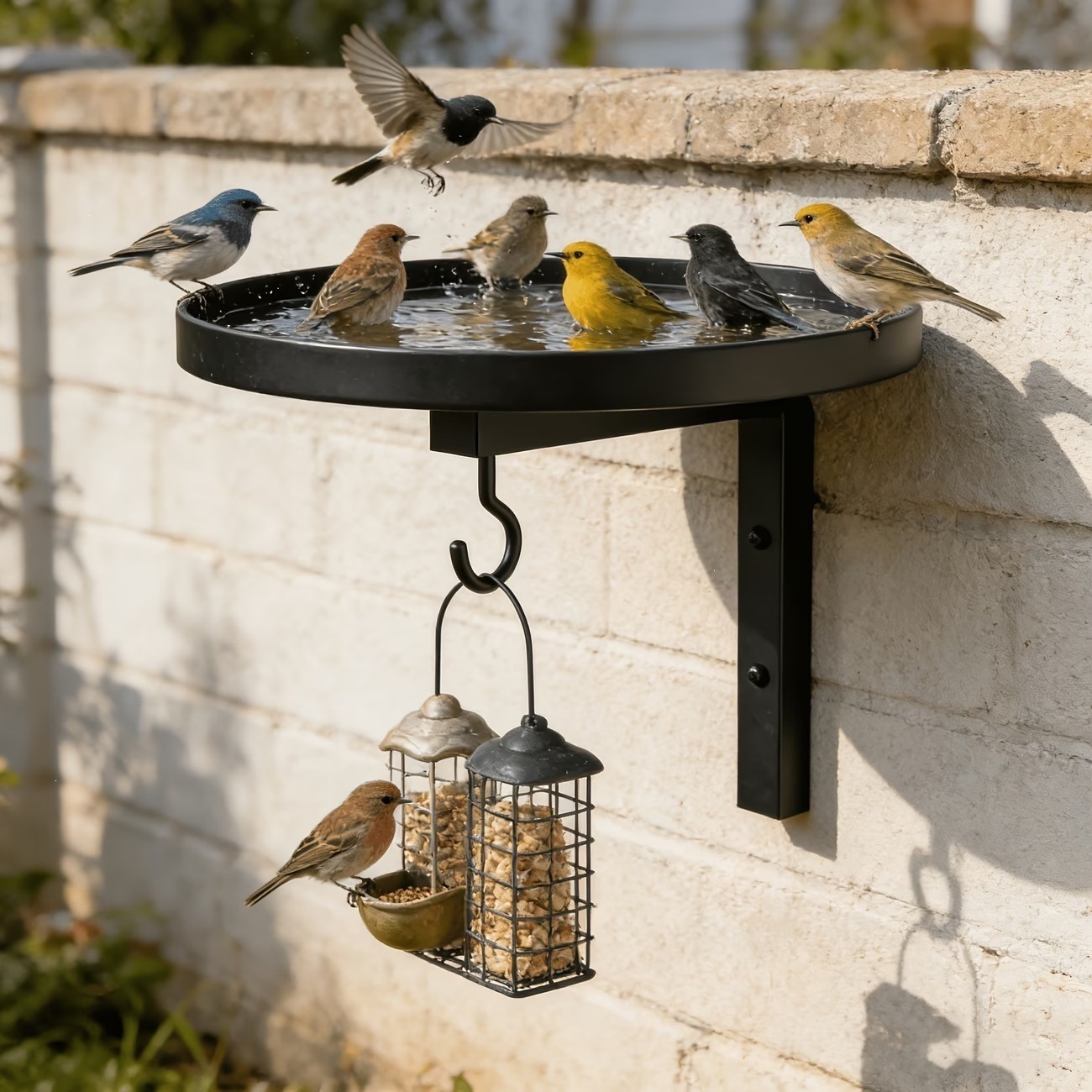 Wall-mounted metal bird bath