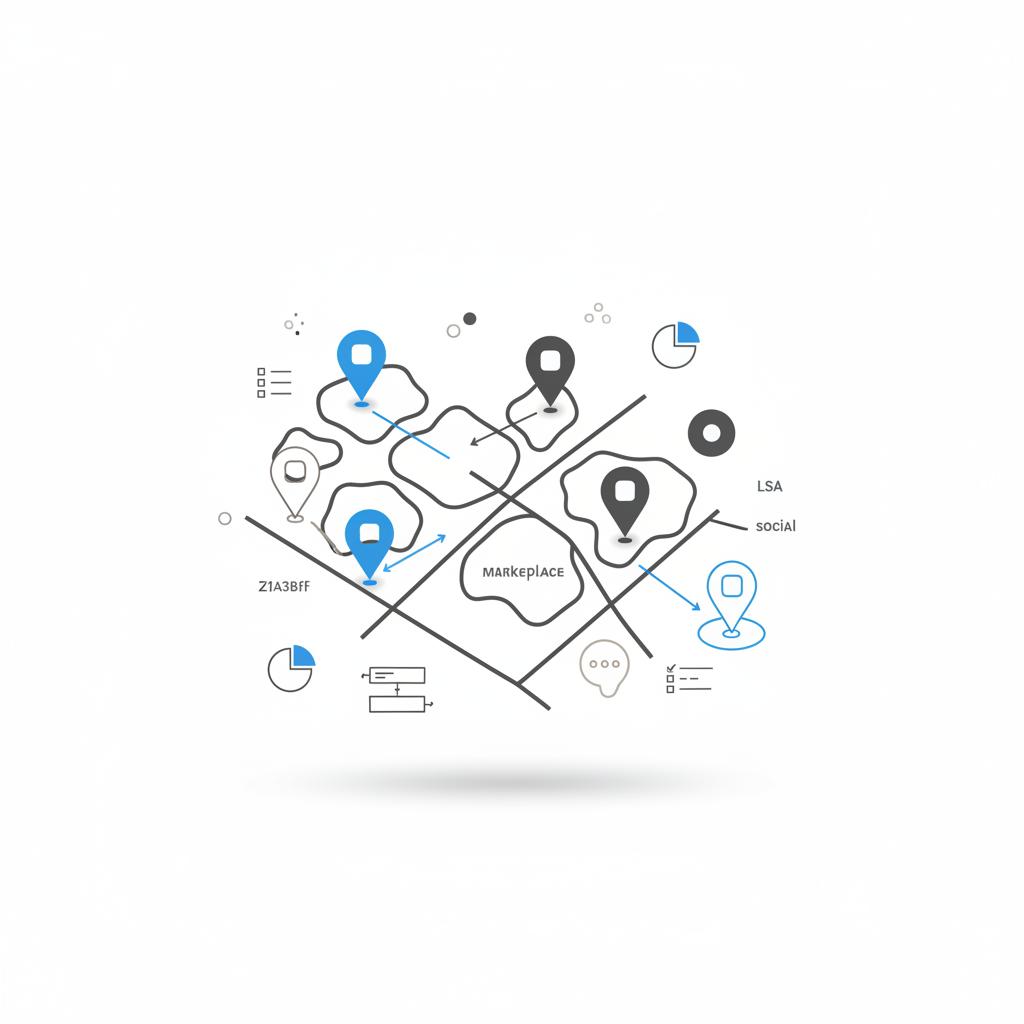 Minimalist vector notebook-style local map with ZIP-code clusters and arrows pointing to marketplace, LSA, and social lead pins, Angi Ads alternatives