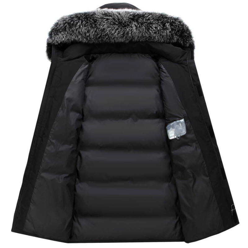 Mid-length men's down jacket with hood and fur collar