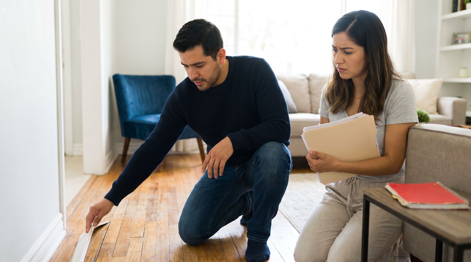 Pareja hispana revisando daños en pisos y zócalos por seguro casa inundacion lavadora florida