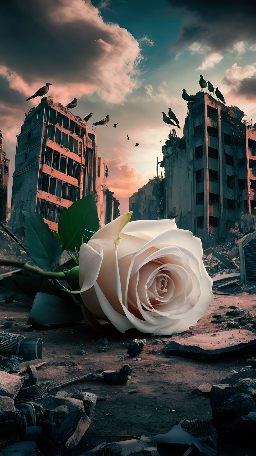 White Rose of Peace in Post Apocalyptic Ruins - Free 4K mobile Wallpaper