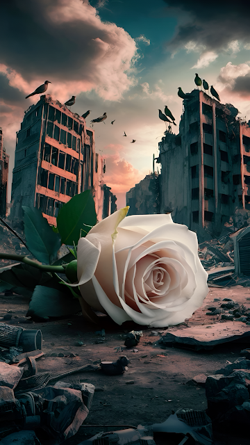 White Rose of Peace in Post Apocalyptic Ruins - Free mobile Wallpaper