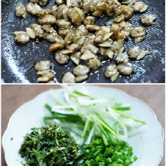 Hành tím bóc vỏ, cắt lát mỏng. Cho 2 muỗng canh dầu ăn lên chảo, phi thơm hành tím. Trút hành ra chén. Cho thịt nghêu vào chảo đó, xào săn. Hành lá, rau răm rửa sạch, cắt nhỏ.