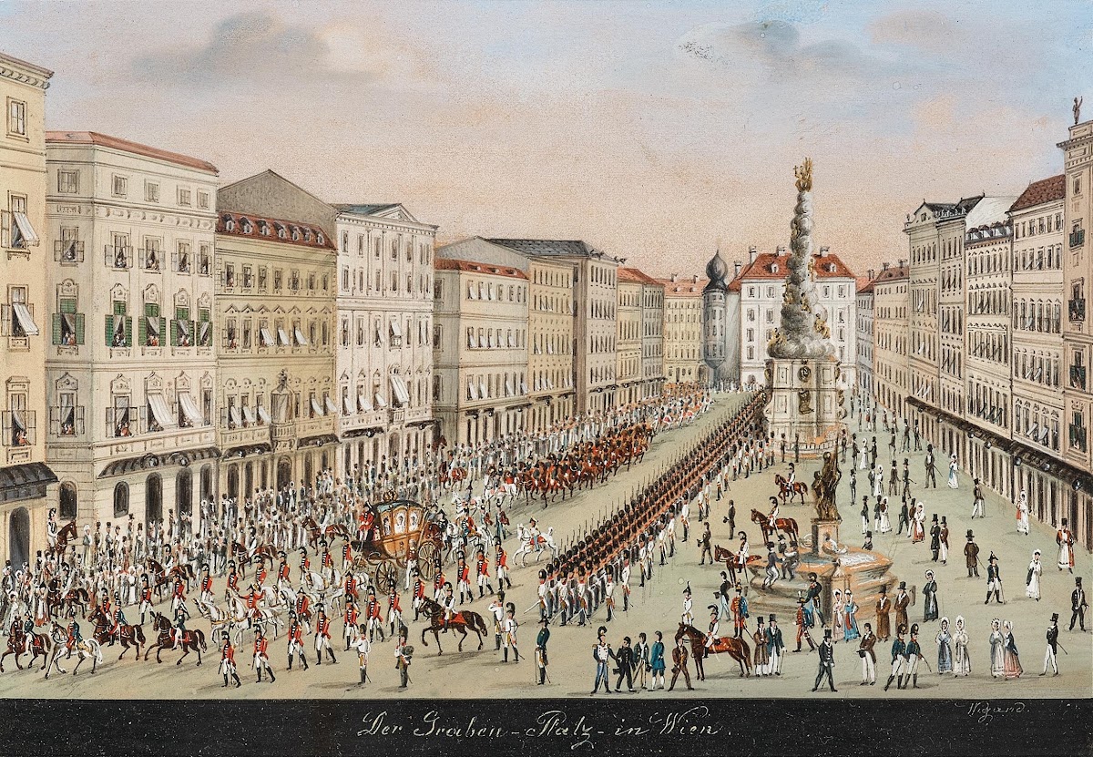 Graben in Vienna with Plague Column an Imperial coach and a military event
