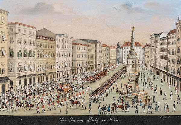Graben in Vienna with Plague Column an Imperial coach and a military event