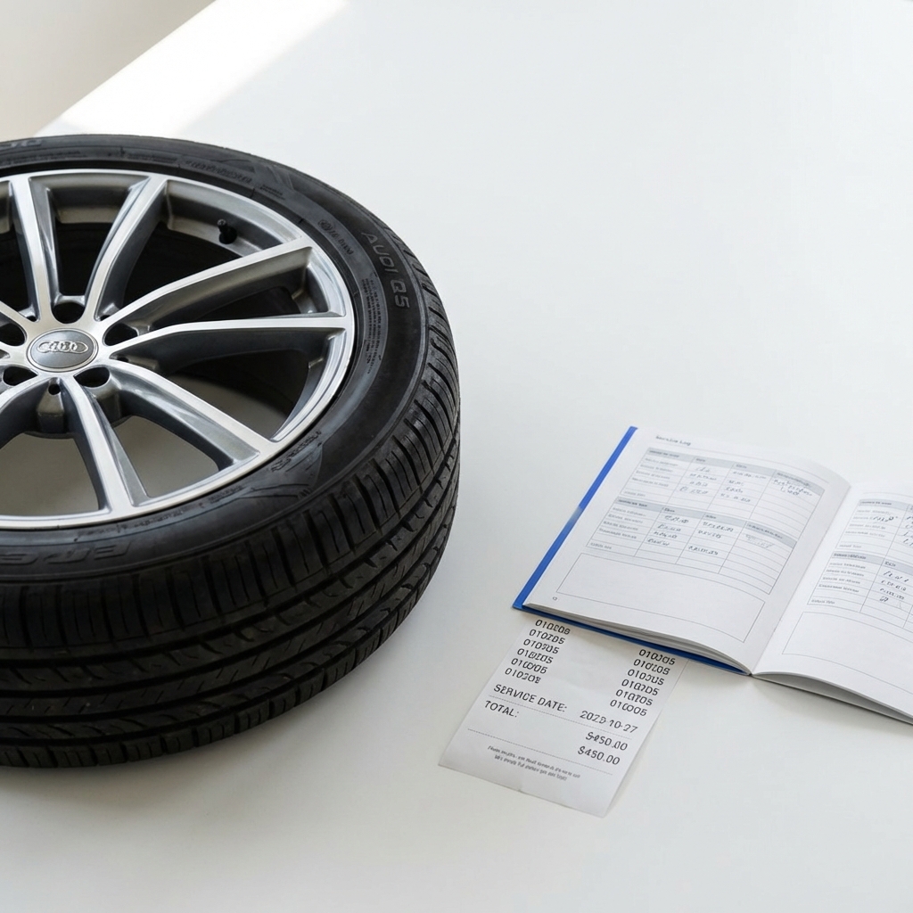 Close up of an Audi Q5 wheel and tire beside a printed service receipt on a white table showing maintenance records for audi q5 for sale in a minimalist CarFax Deals style