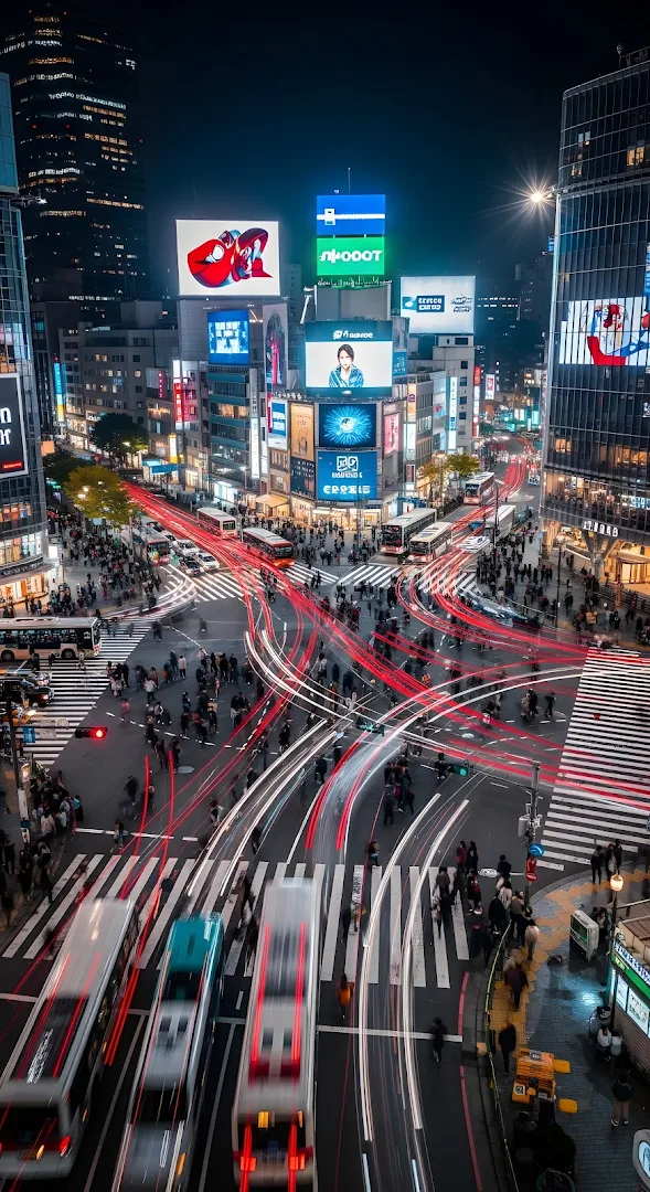 Shibuya Crossing Time-Lapse Light Trails at Night